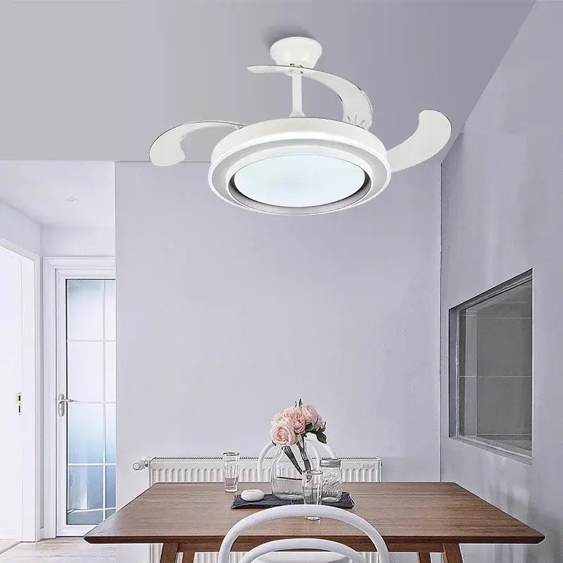Modern white ceiling fan with curved blades and integrated LED ceiling fan lights for bedroom use