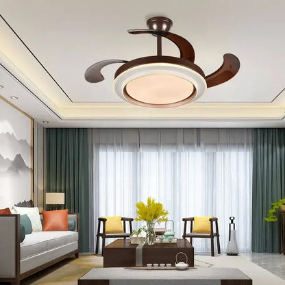 Modern white ceiling fan with led fan lights featuring dark wood curved blades and a circular ceiling fan light fixture
