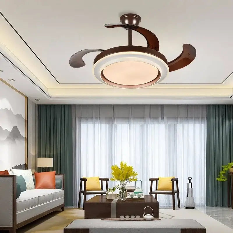 Modern white ceiling fan with led fan lights featuring dark wood curved blades and a circular ceiling fan light fixture