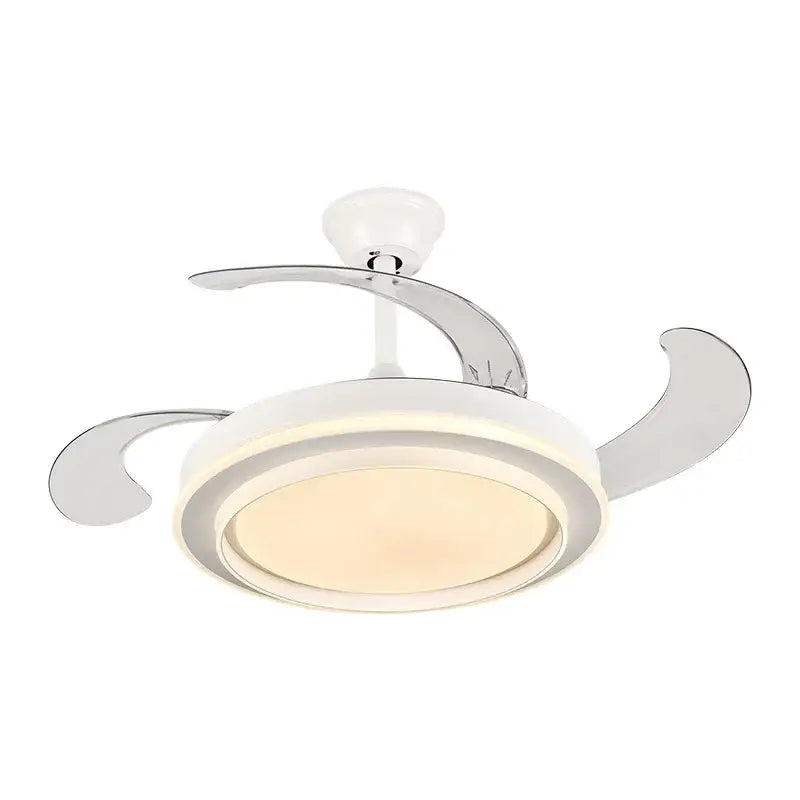 Modern white ceiling fan with led lights featuring sleek chrome curved blades and integrated fan lights for bedroom use