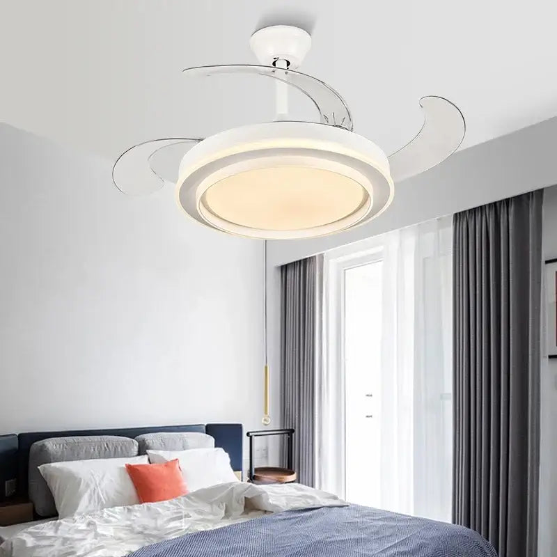 Modern white ceiling fan with sleek curved blades and integrated led ceiling fan lights for bedroom use