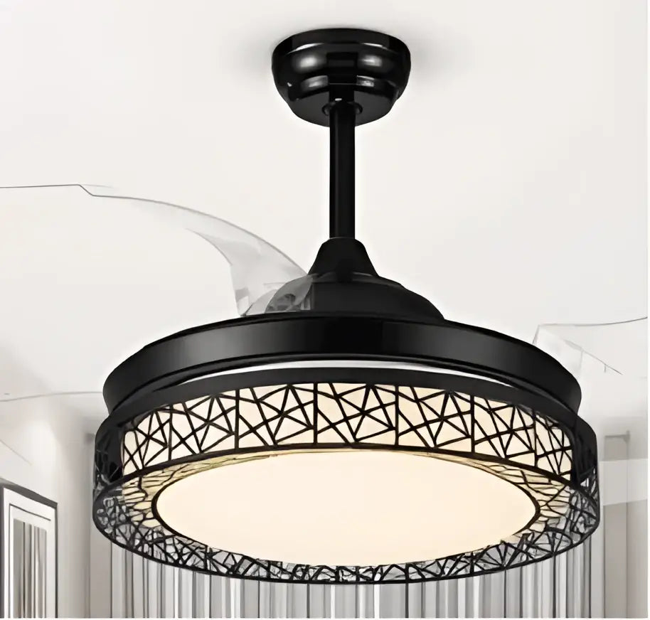 Modern black wrought iron ceiling fan with integrated light fixture and geometric lattice design for ceiling fan lights