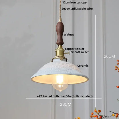 Modern white ceramic and wood pendant light with walnut iron canopy and brass copper socket by decorbites copper wood led