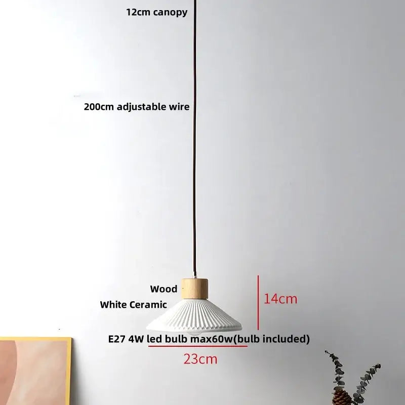 Modern white ceramic and wood pendant light fixture with ribbed design suspended by adjustable wire for kitchen decor