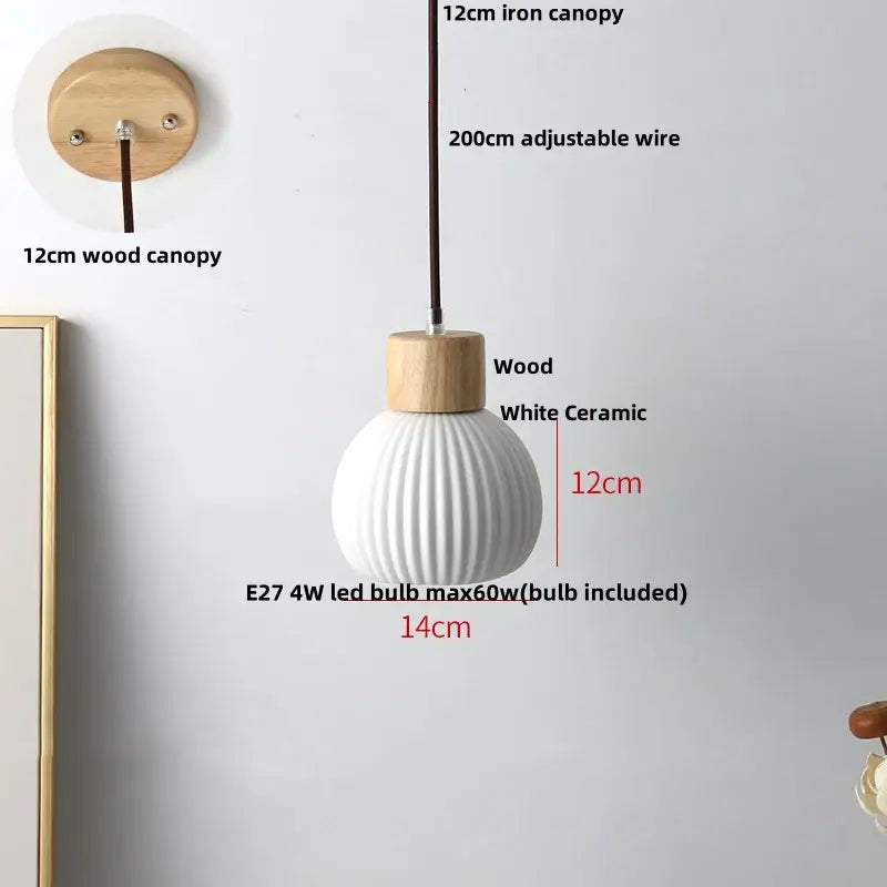 Modern white ceramic pendant light fixture with ribbed texture and wooden top for kitchen decor