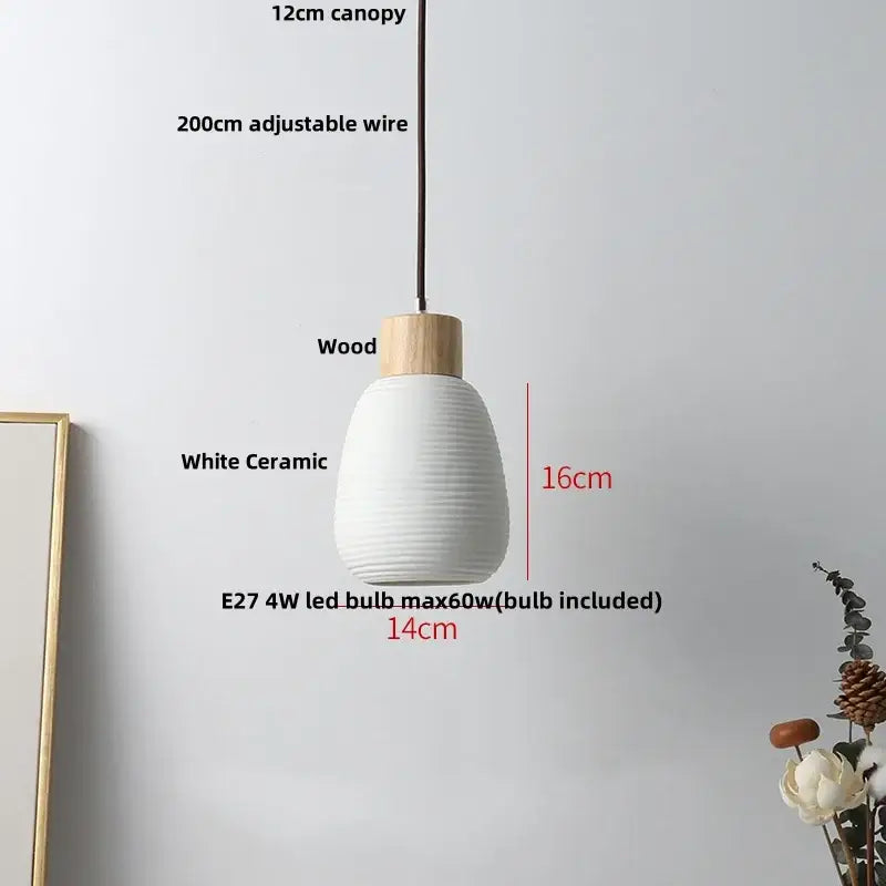 Modern white ceramic and wood pendant light fixture with ribbed texture for kitchen decor