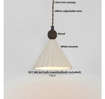 Modern white ceramic and wood pendant light fixture with fluted conical shade for kitchen decor pendant light