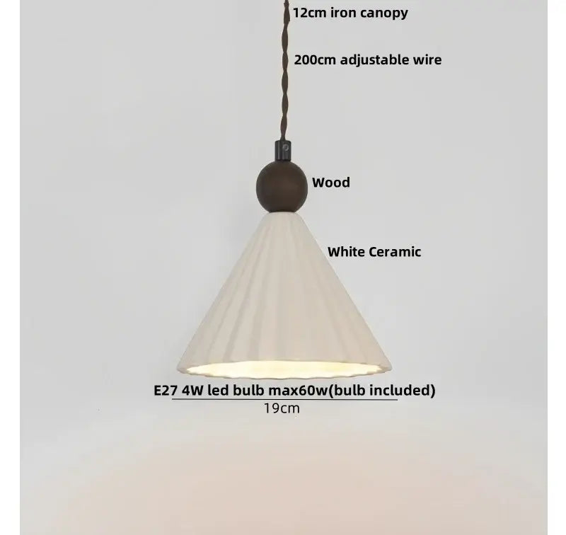 Modern white ceramic and wood pendant light fixture with fluted conical shade for kitchen decor pendant light