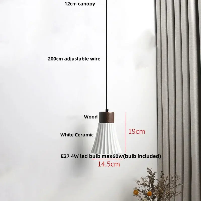 Modern white ceramic pendant light fixture with wooden top and adjustable black wire for kitchen decor