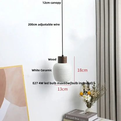 Modern white ceramic pendant light fixture with wooden top and vertical ridges, 18cm height for kitchen decor