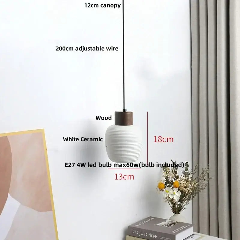 Modern white ceramic pendant light fixture with wooden top and vertical ridges, 18cm height for kitchen decor