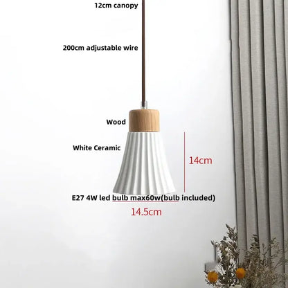 Modern white ceramic pendant light fixture with wooden top and fluted design featuring adjustable 200cm wire