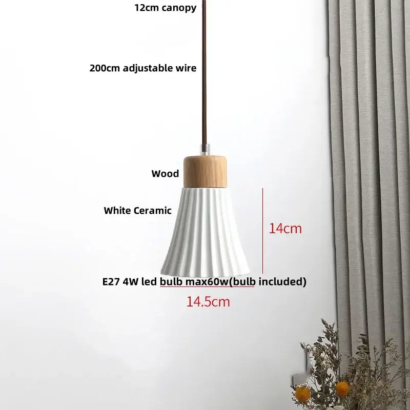 Modern white ceramic pendant light fixture with wooden top and fluted design featuring adjustable 200cm wire