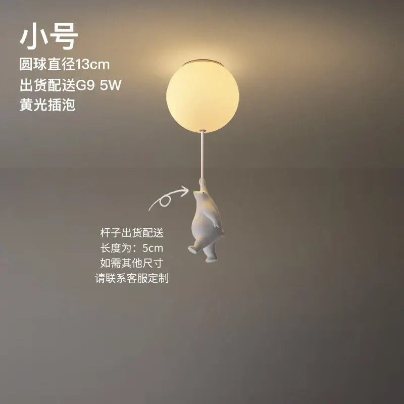 Minimalist white ceramic polar bear led ceiling light with spherical frosted glass globe for kids bedroom ceiling light
