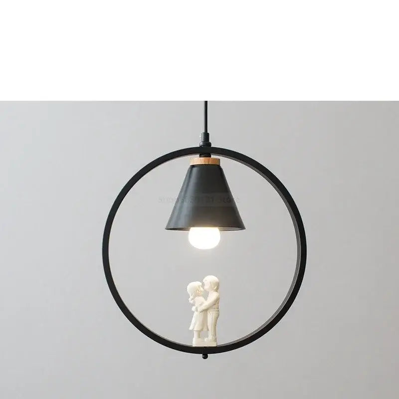 Modern white ceramic bird iron ring pendant light with black matte iron ring pendant and white figurine decorbites pendant lights