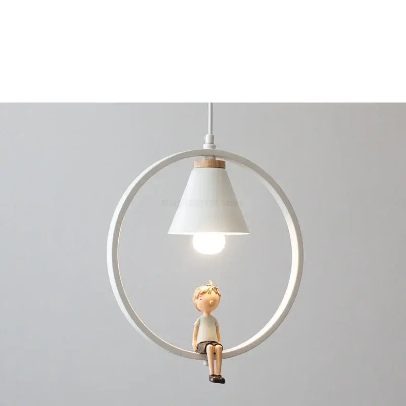 Modern white ceramic bird iron ring pendant light with wooden accent and boy figurine for bedroom decorbites iron ring pendant