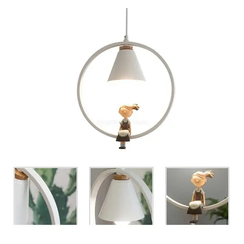 Modern white ceramic iron ring pendant light with conical shade and girl figurine for bedroom decorbites pendant lights