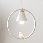 Modern white ceramic bird iron ring pendant light featuring a circular frame and small bird figurine for bedroom decor