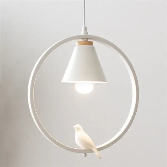Modern white ceramic bird iron ring pendant light featuring a circular frame and small bird figurine for bedroom decor