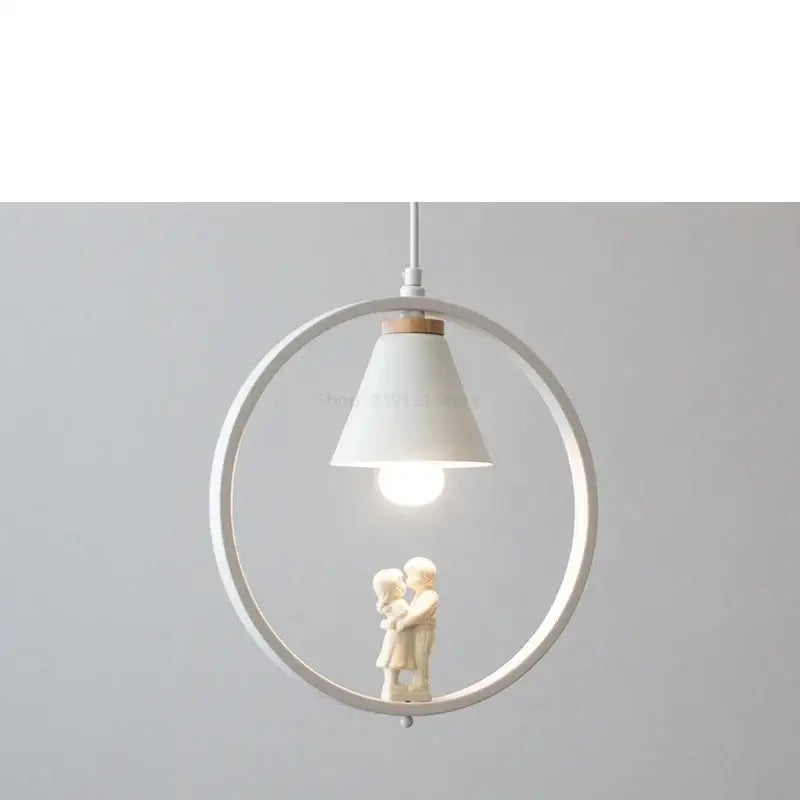 Modern white ceramic bird iron ring pendant light featuring a conical shade and figurine inside for elegant bedroom decorbites iron ring pendant