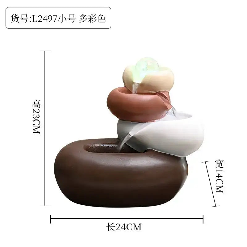 Modern white ceramic circulating water fountain with multi-colored resin waterfall tiers in brown white and beige decorbites circulating water decor