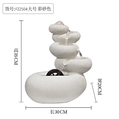 Modern white ceramic circulating water fountain with stacked stone tiers and dark wooden wheel for living room decorbites decor
