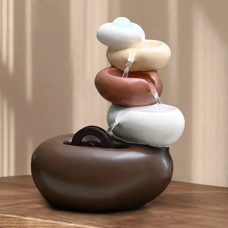 Modern white ceramic circulating water fountain with multi-tiered beige and brown tiers for living room decorbites circulating water