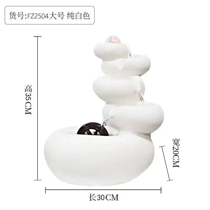 A modern white ceramic circulating water fountain with smooth stacked tiers and dark wooden wheel base for decorbites decor