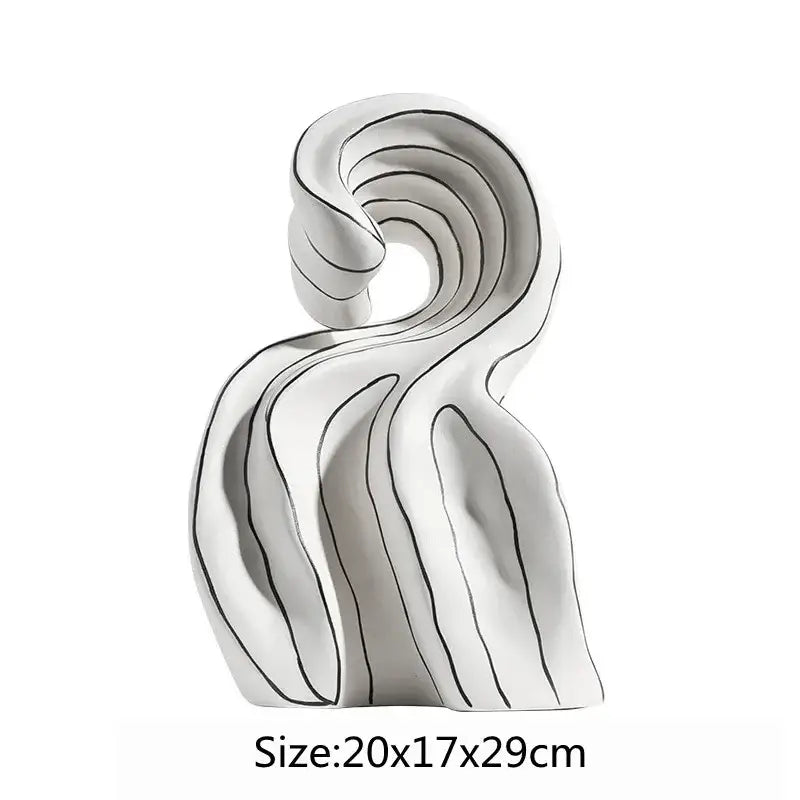 Modern white ceramic curl sculpture with flowing abstract curves and black accent lines for curl sculpture decor