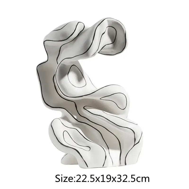 Modern white ceramic curl sculpture with flowing organic contours and black outlines for living room decor