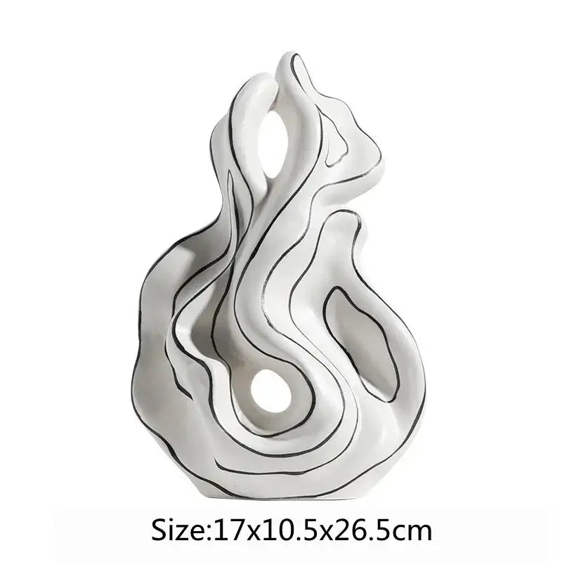 Modern white ceramic curl sculpture with flowing wave-like contours and black accent lines for living room decor