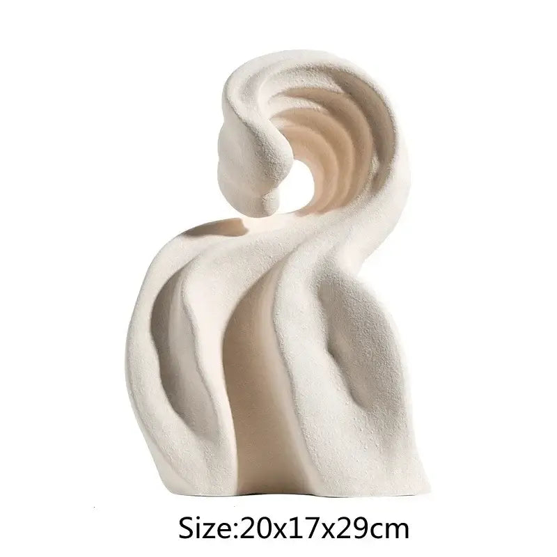 Modern cream-colored ceramic curl sculpture with flowing abstract swirls and smooth matte finish for living room decor