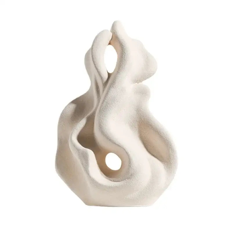 Modern white ceramic curl sculpture with flowing organic curves and hollowed openings for living room decor