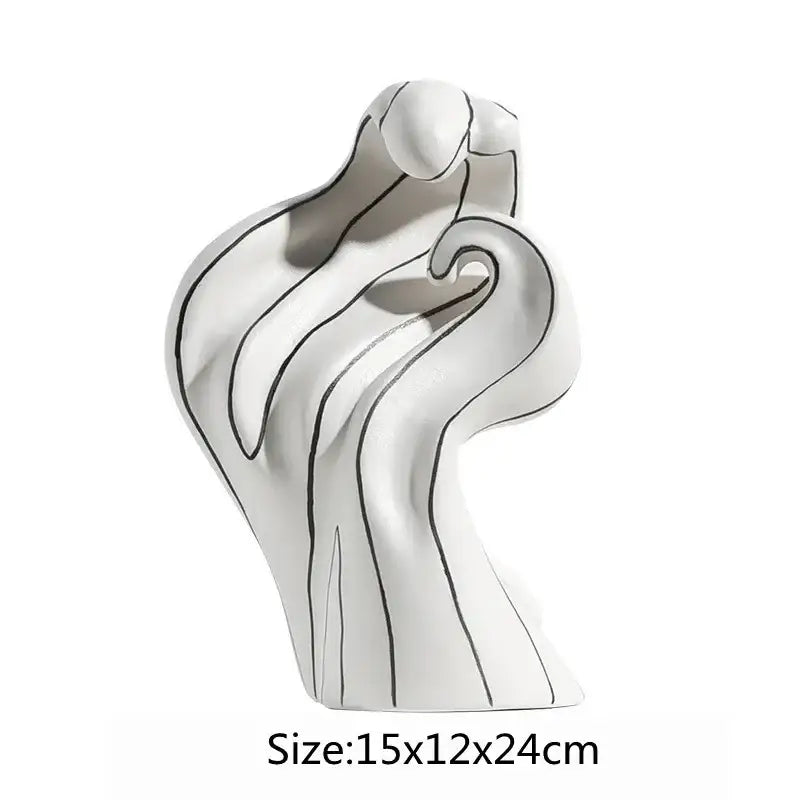 Modern white ceramic curl sculpture with sleek abstract contours and bold black line detailing for living room decor