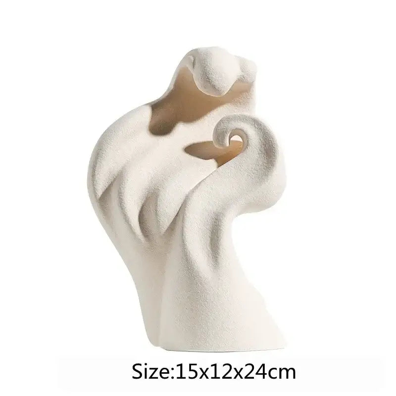 A smooth off-white ceramic curl sculpture with flowing curves and a matte finish for modern living room decor