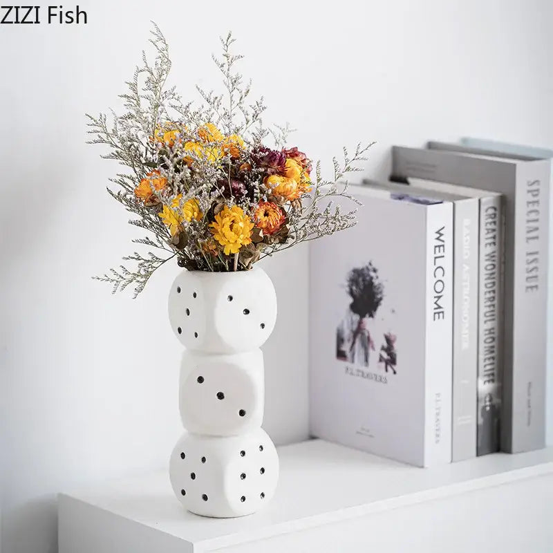 Modern white ceramic dice vase featuring black polka dots and a stacked rounded design for living room decorbites ceramic dice decor