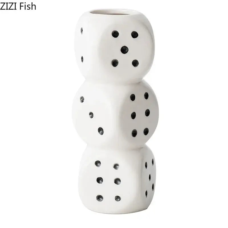 Modern white ceramic dice vase with black dot accents by decorbites ceramic dice for living room desk decor