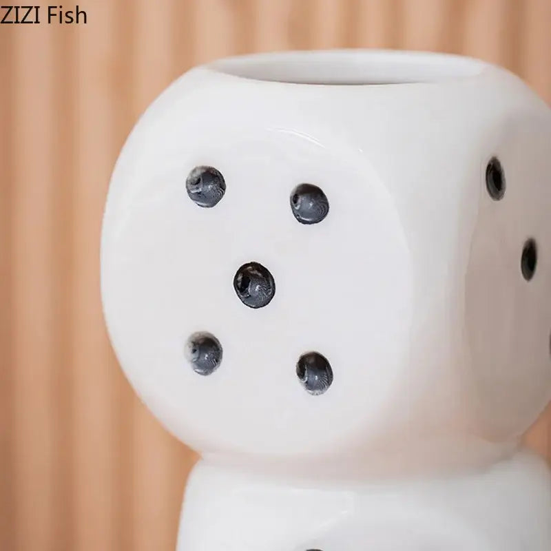 Modern white ceramic dice vase oil diffuser with black dot accents for living room decorbites ceramic dice decor