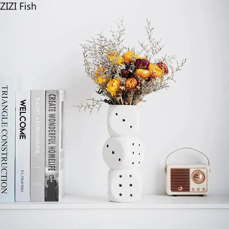 Modern white ceramic dice vase with stacked geometric black dot patterns for living room decorbites ceramic dice decor