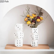 Modern white decorbites ceramic dice vase shaped like stacked dice with black dots for living room decor