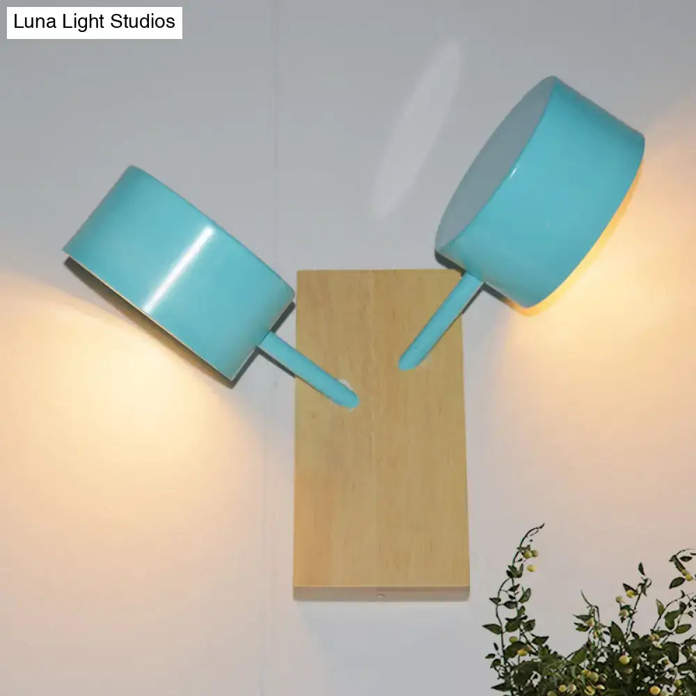Modern white ceramic double drum wall sconce with turquoise ceramic saucepan-style shades on wooden base 110v-120v