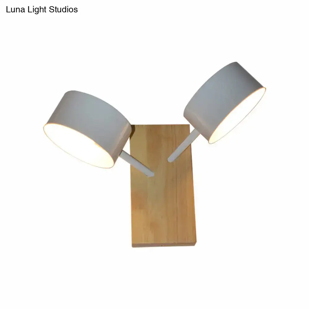 Modern white ceramic double drum wall sconce with matte white shades and natural wood base fixture height 220v-240v compatible