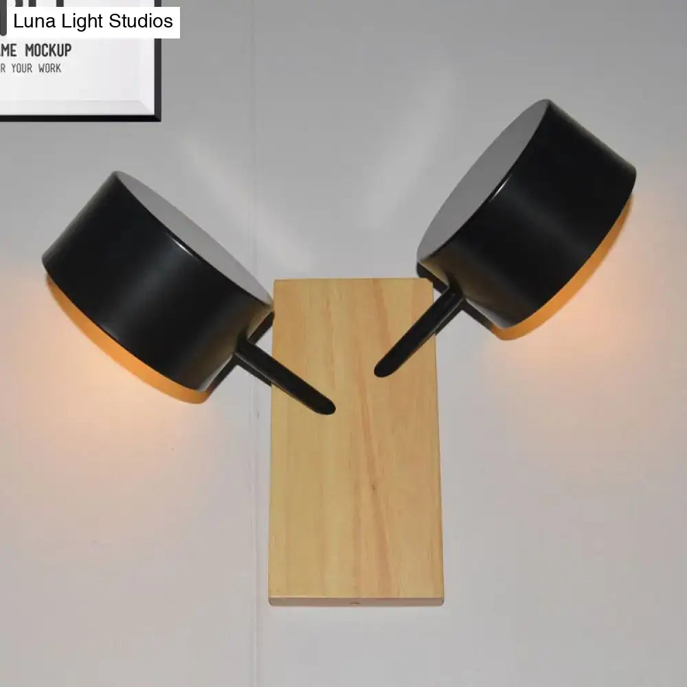 Black matte double drum wall sconce with two light heads on wooden base for 110v-120v kitchen lighting