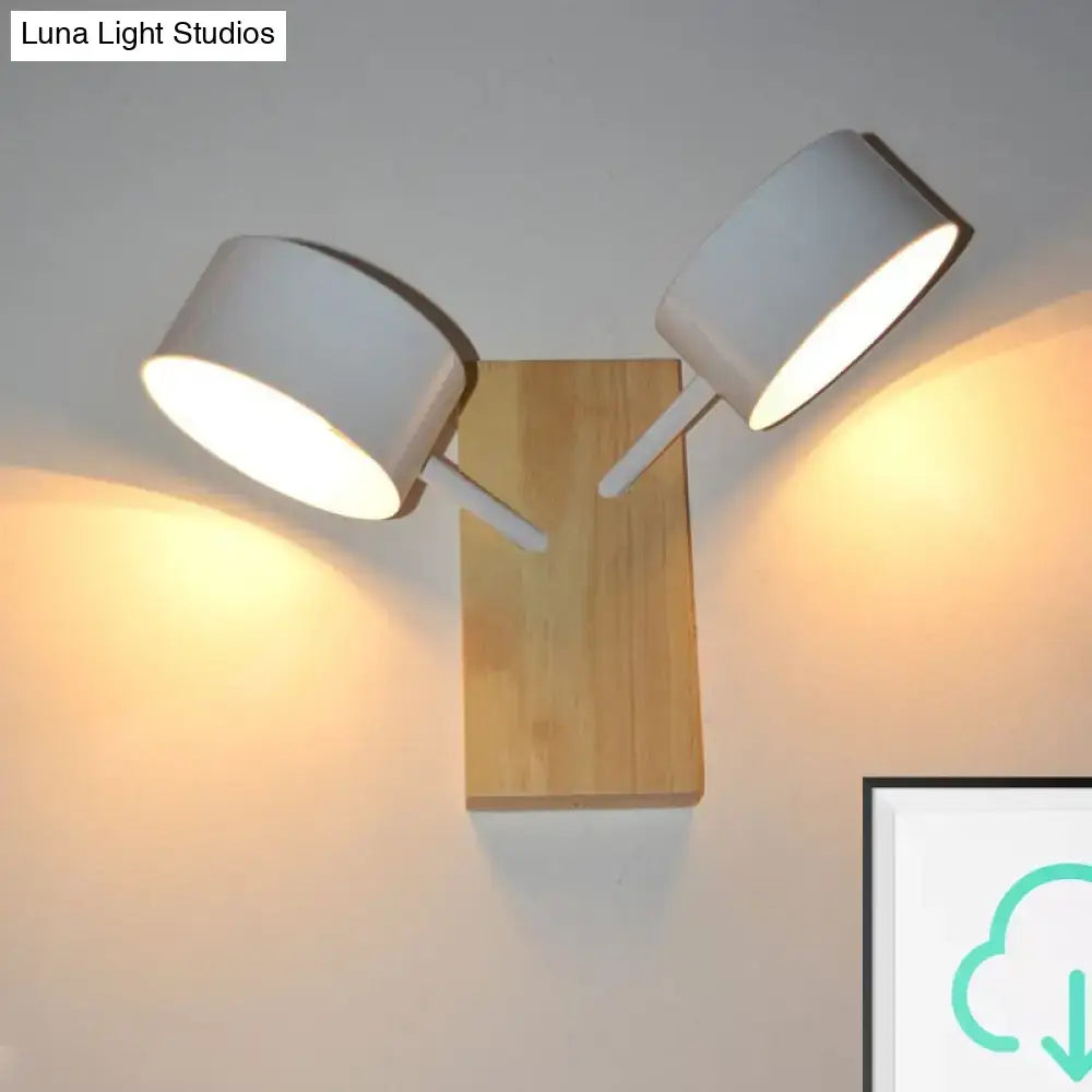 Modern white ceramic double drum wall sconce with wooden base and adjustable arms fixture height suitable for 220v-240v