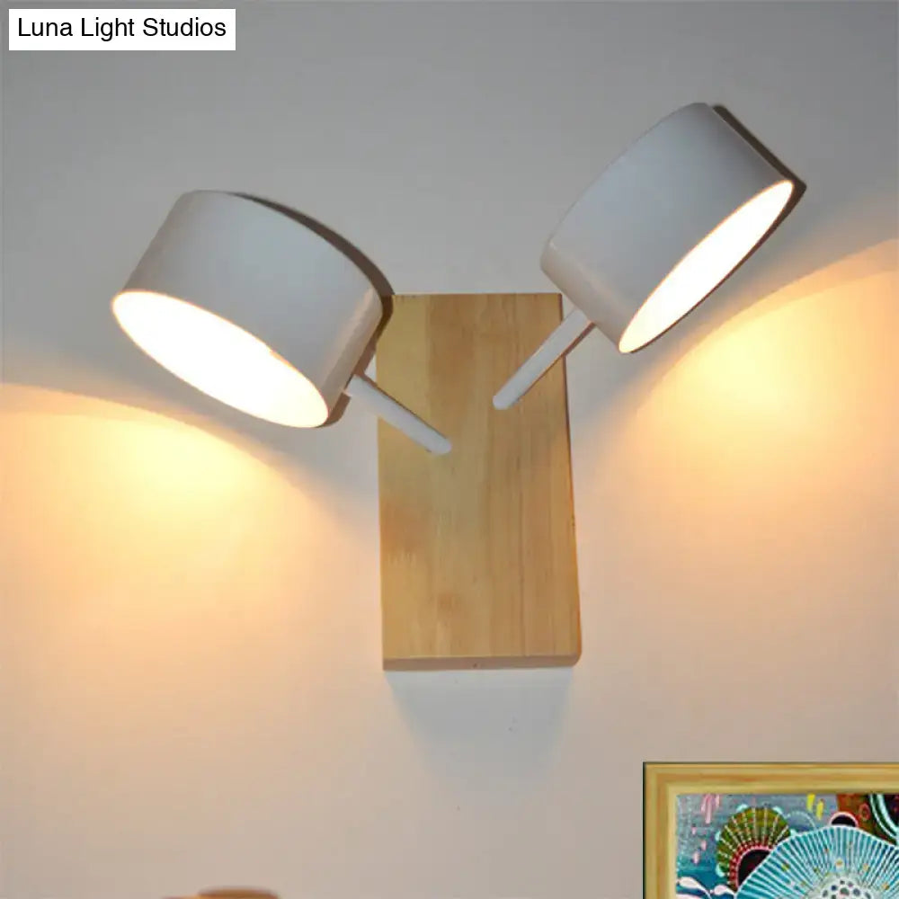 Modern white ceramic double drum wall sconce with wooden base fixture height for 110v-120v or 220v-240v use