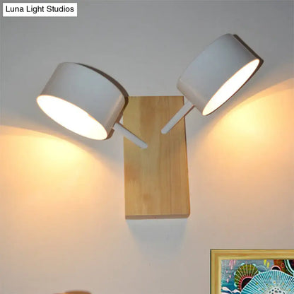 Modern white ceramic double drum wall sconce with wooden base fixture height for 110v-120v or 220v-240v use