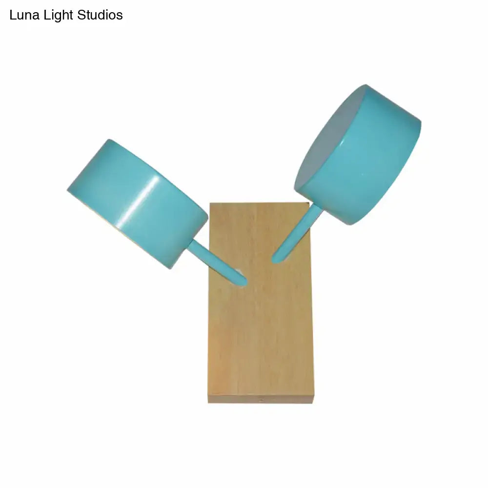 Modern white ceramic double drum wall sconce kitchen light with turquoise double-headed fixture and wooden base, 220v-240v compatible