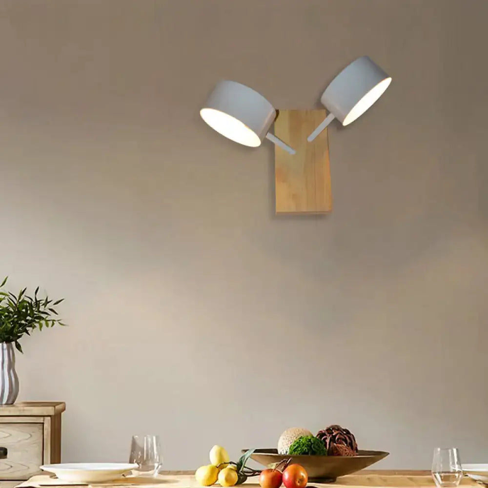 Modern white ceramic double drum wall sconce with wooden base and adjustable arms for 110v-120v kitchen light