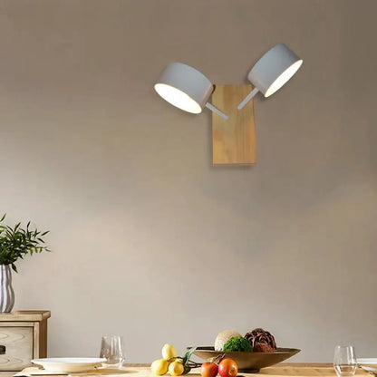 Modern white ceramic double drum wall sconce with wooden base and adjustable arms for 110v-120v kitchen light