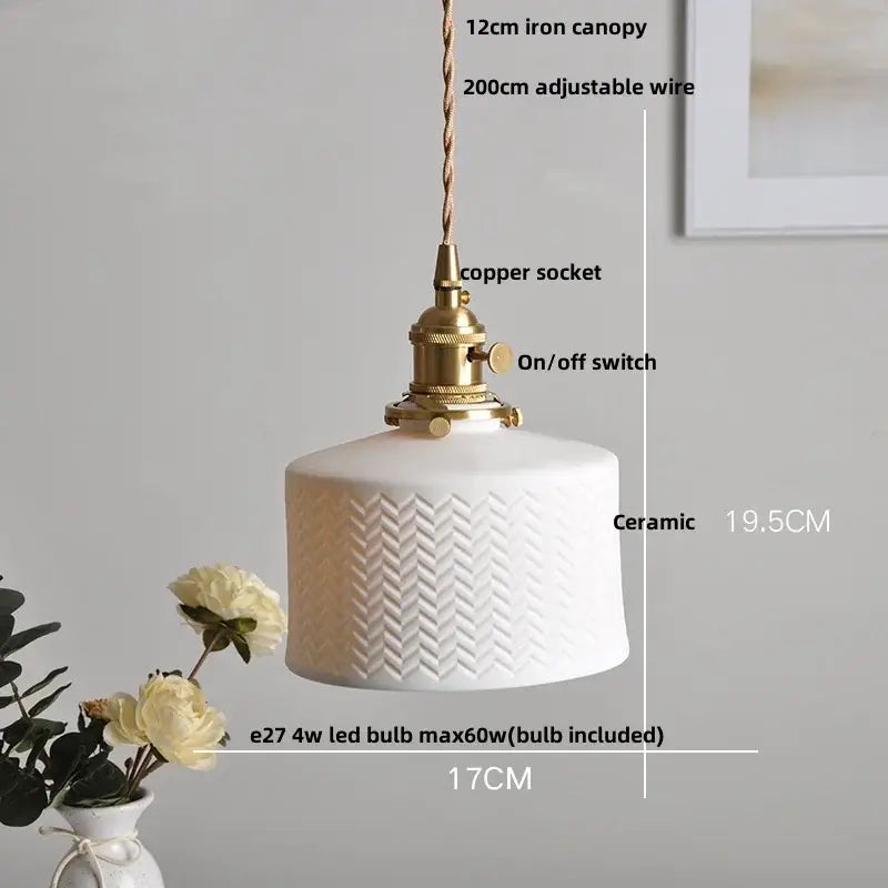 Modern white ceramic flower pendant lamp with textured herringbone pattern and brass copper socket for kitchen LED lighting decorbites ceramic flower pendant lamp